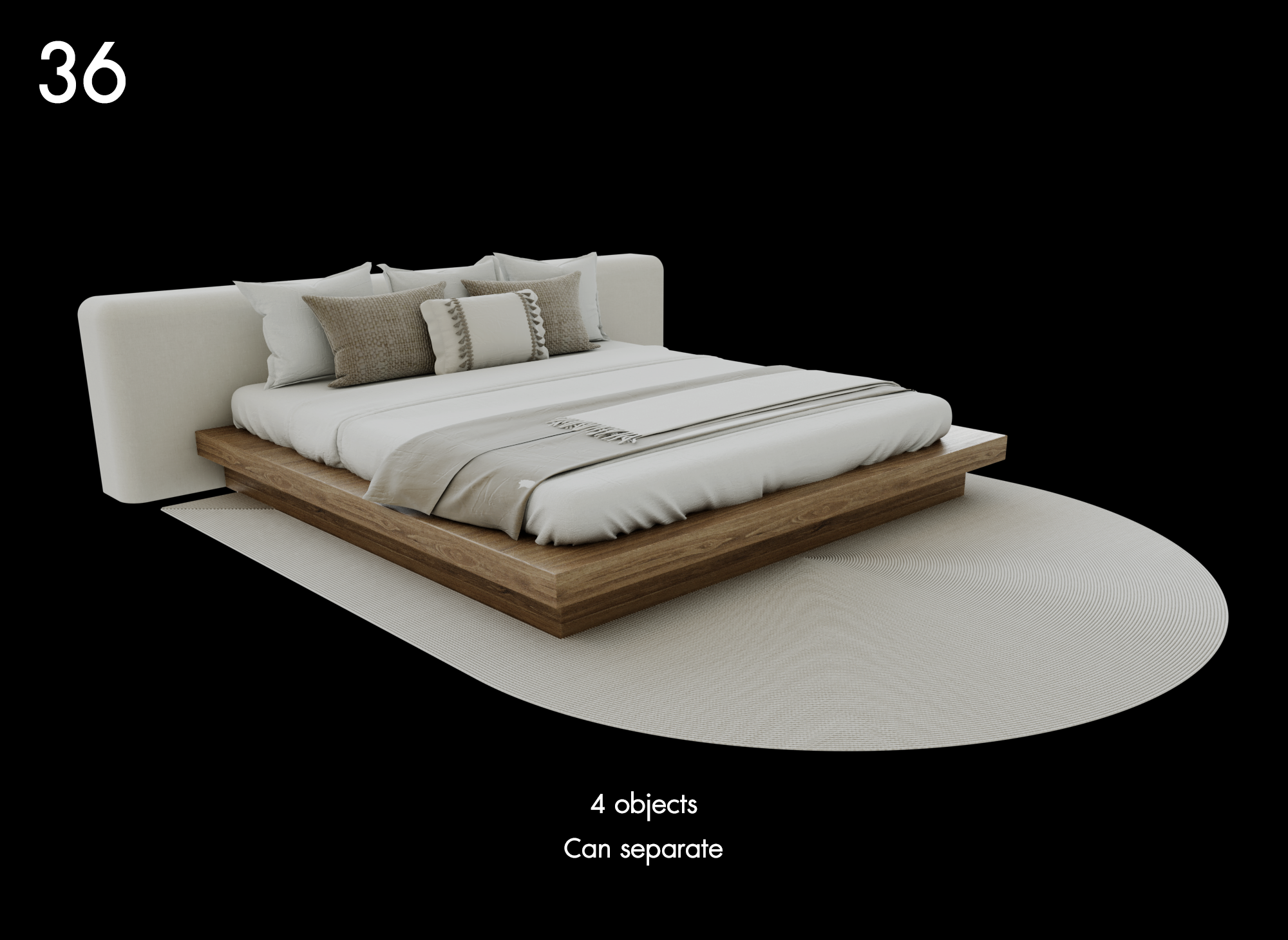 Modern Bed with Cushions and Rug